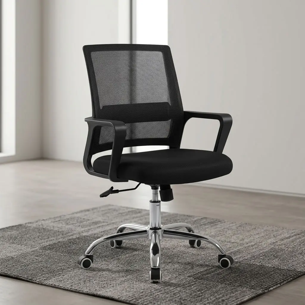 A premium Mid Back Computer Chair featuring a black mesh backrest, fixed polymer armrests, black fabric cushion, and a polished chrome five-star rolling base.