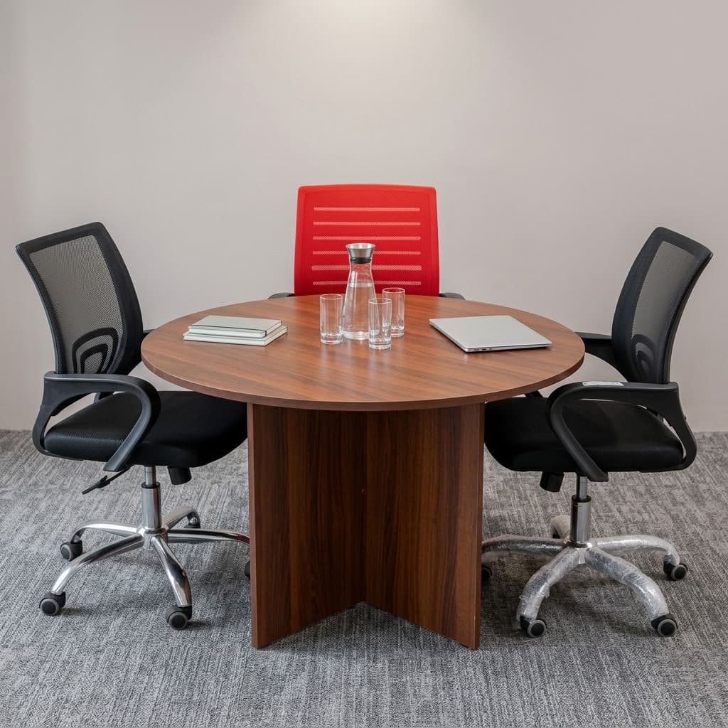 A premium 1.2M Round Meeting Table featuring a thick circular walnut wood top supported by a heavy-duty matching wooden cross-panel pedestal base.