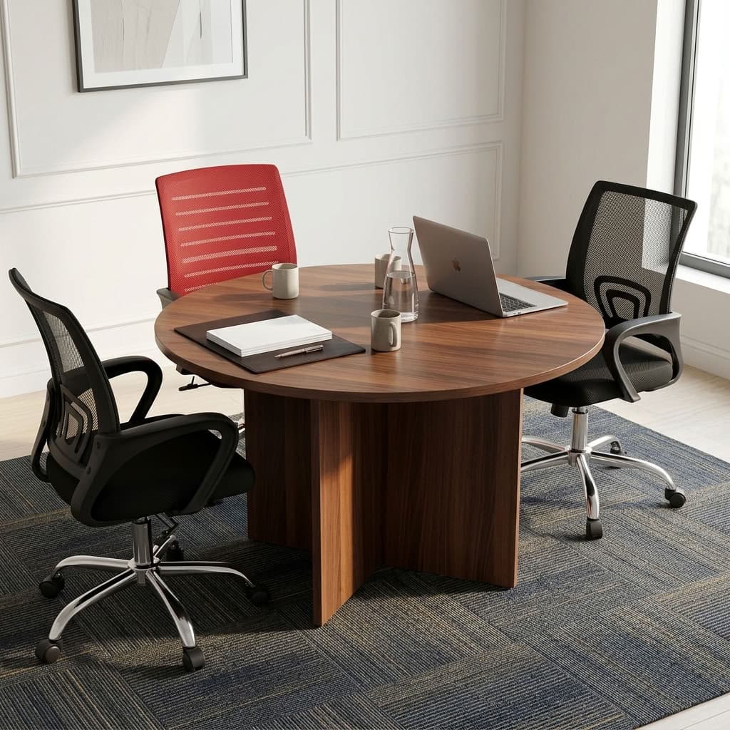 A premium 1.2M Round Meeting Table featuring a thick circular walnut wood top supported by a heavy-duty matching wooden cross-panel pedestal base.