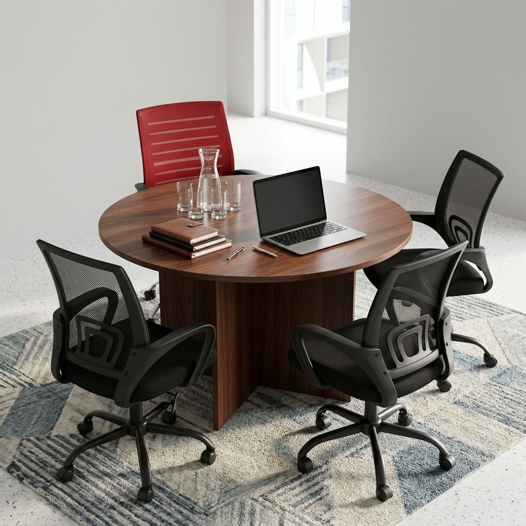 A premium 1.2M Round Meeting Table featuring a thick circular walnut wood top supported by a heavy-duty matching wooden cross-panel pedestal base.