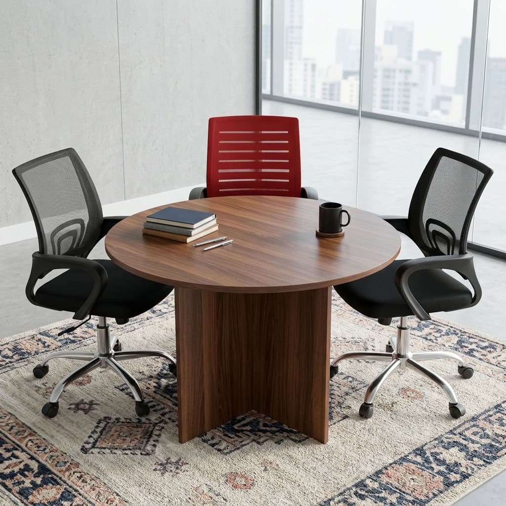A premium 1.2M Round Meeting Table featuring a thick circular walnut wood top supported by a heavy-duty matching wooden cross-panel pedestal base.