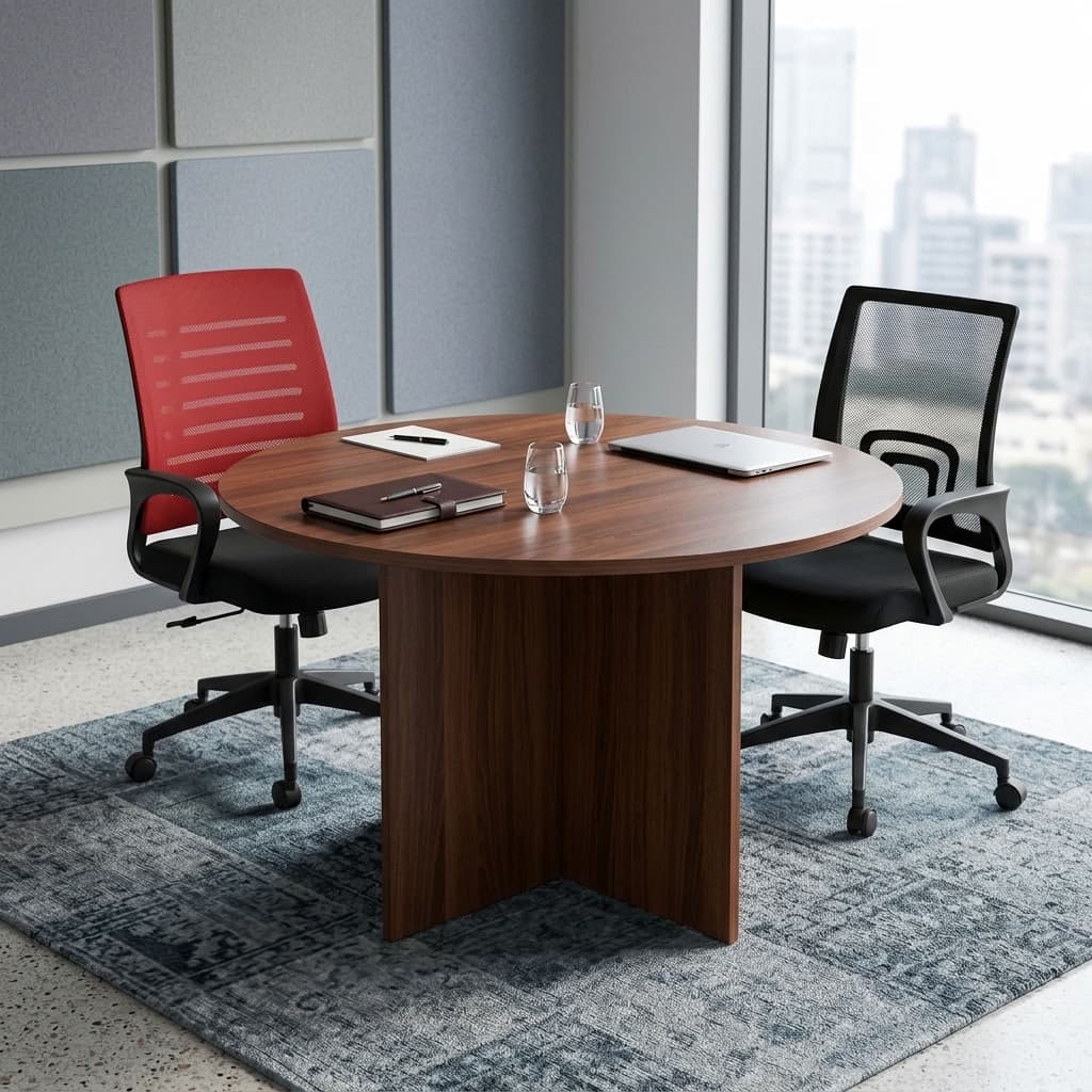 A premium 1.2M Round Meeting Table featuring a thick circular walnut wood top supported by a heavy-duty matching wooden cross-panel pedestal base.