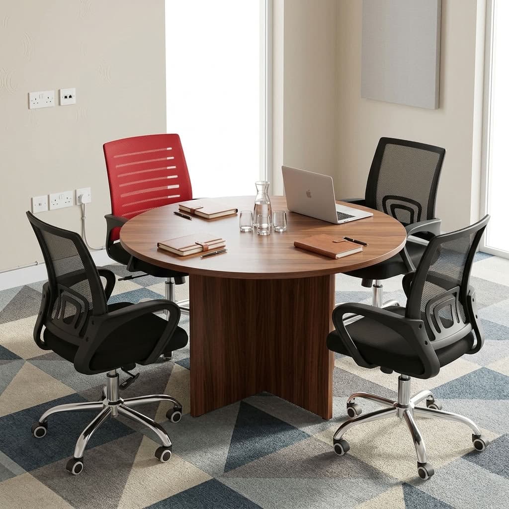 A premium 1.2M Round Meeting Table featuring a thick circular walnut wood top supported by a heavy-duty matching wooden cross-panel pedestal base.