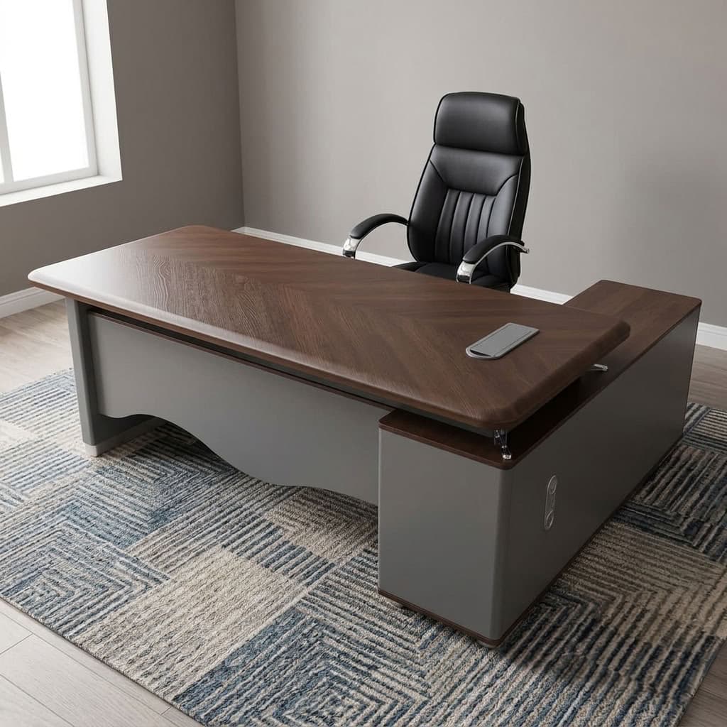 A premium 2 M Large Executive Desk featuring a thick brown textured wood top with rounded edges, a matte gray front modesty panel, and an attached side storage return credenza with two drawers and open shelves.