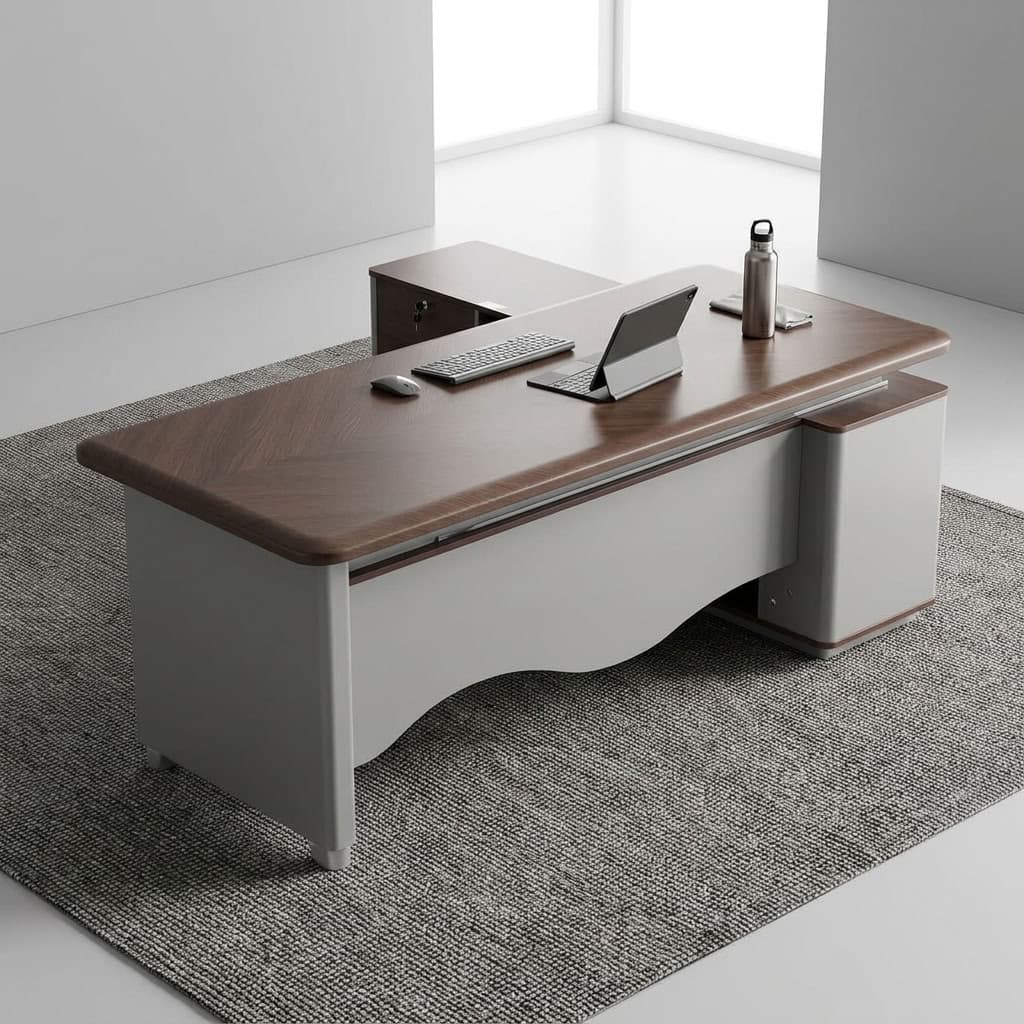 A premium 2 M Large Executive Desk featuring a thick brown textured wood top with rounded edges, a matte gray front modesty panel, and an attached side storage return credenza with two drawers and open shelves.