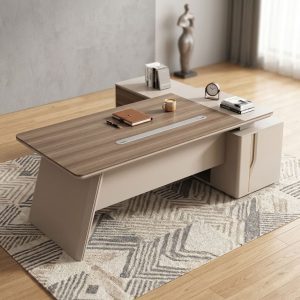 Premium L-shaped 2.4M Executive Director Desk with a wood-grain floating top, beige side credenza, and integrated cable management track.