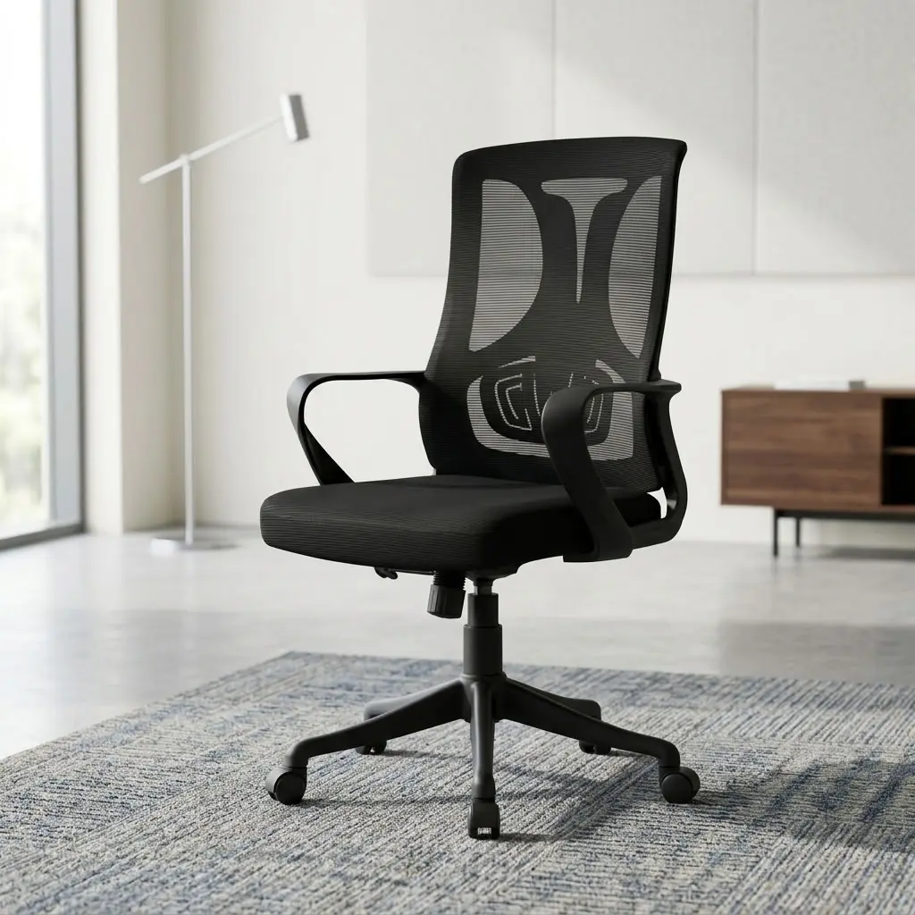 A premium Mid-Back Staff Chair featuring an ergonomic black mesh backrest, fixed black polymer loop armrests, a cushioned black seat, and a five-star rolling base.