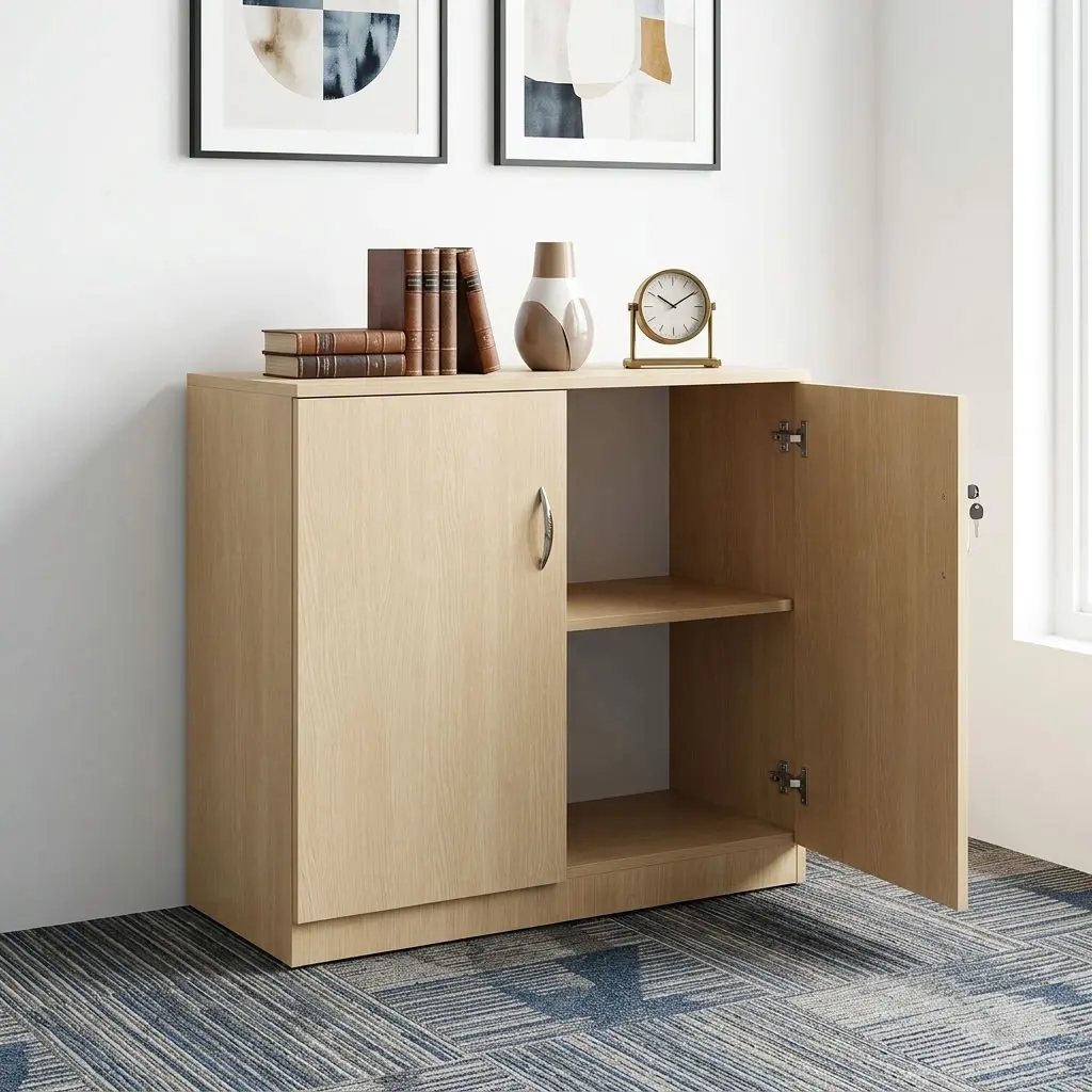 Wooden Office Credenza with light wood-look finish, two lockable doors, curved handles and internal shelves for professional office storage.