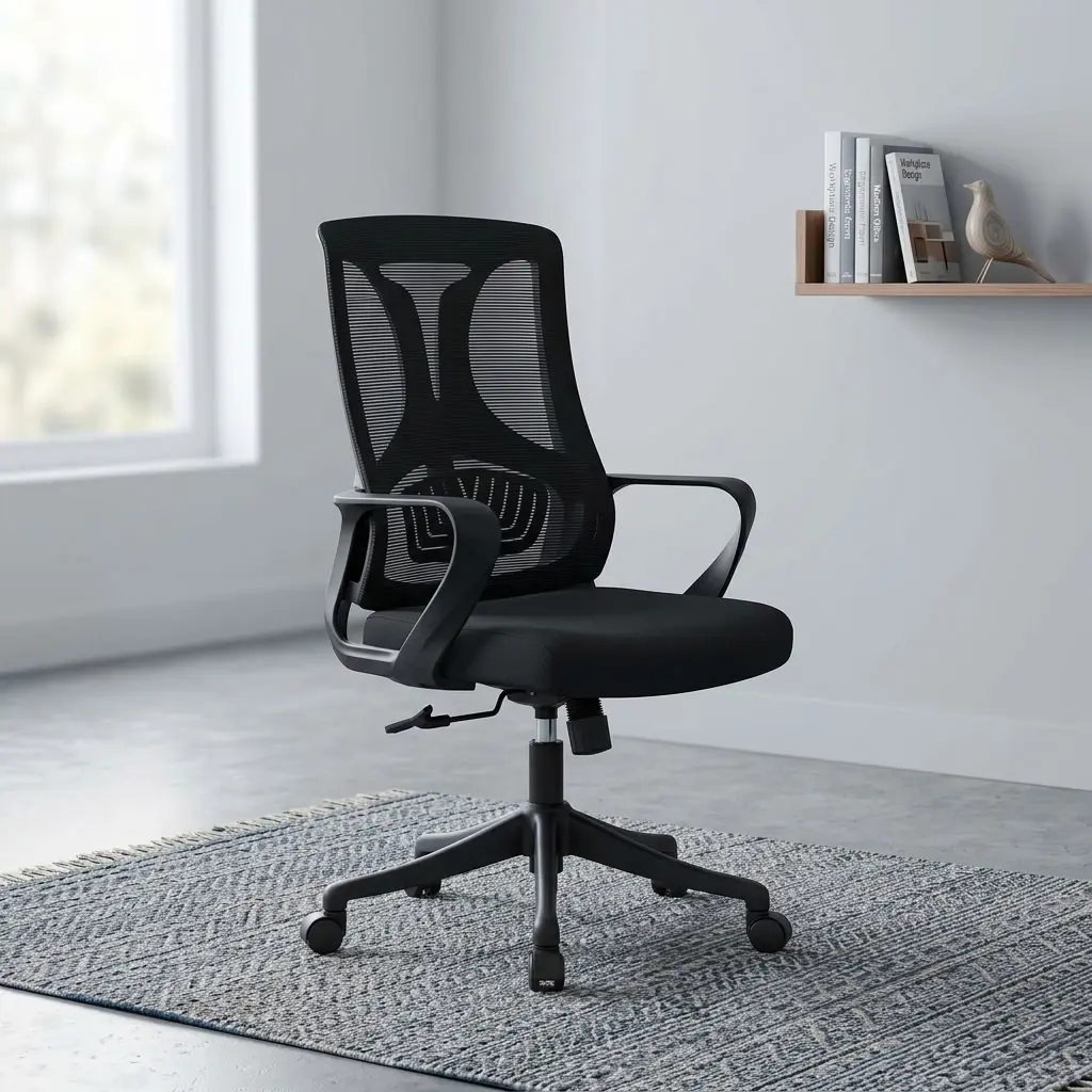 A premium Mid-Back Staff Chair featuring an ergonomic black mesh backrest, fixed black polymer loop armrests, a cushioned black seat, and a five-star rolling base.