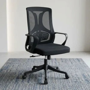 A premium Mid-Back Staff Chair featuring an ergonomic black mesh backrest, fixed black polymer loop armrests, a cushioned black seat, and a five-star rolling base.
