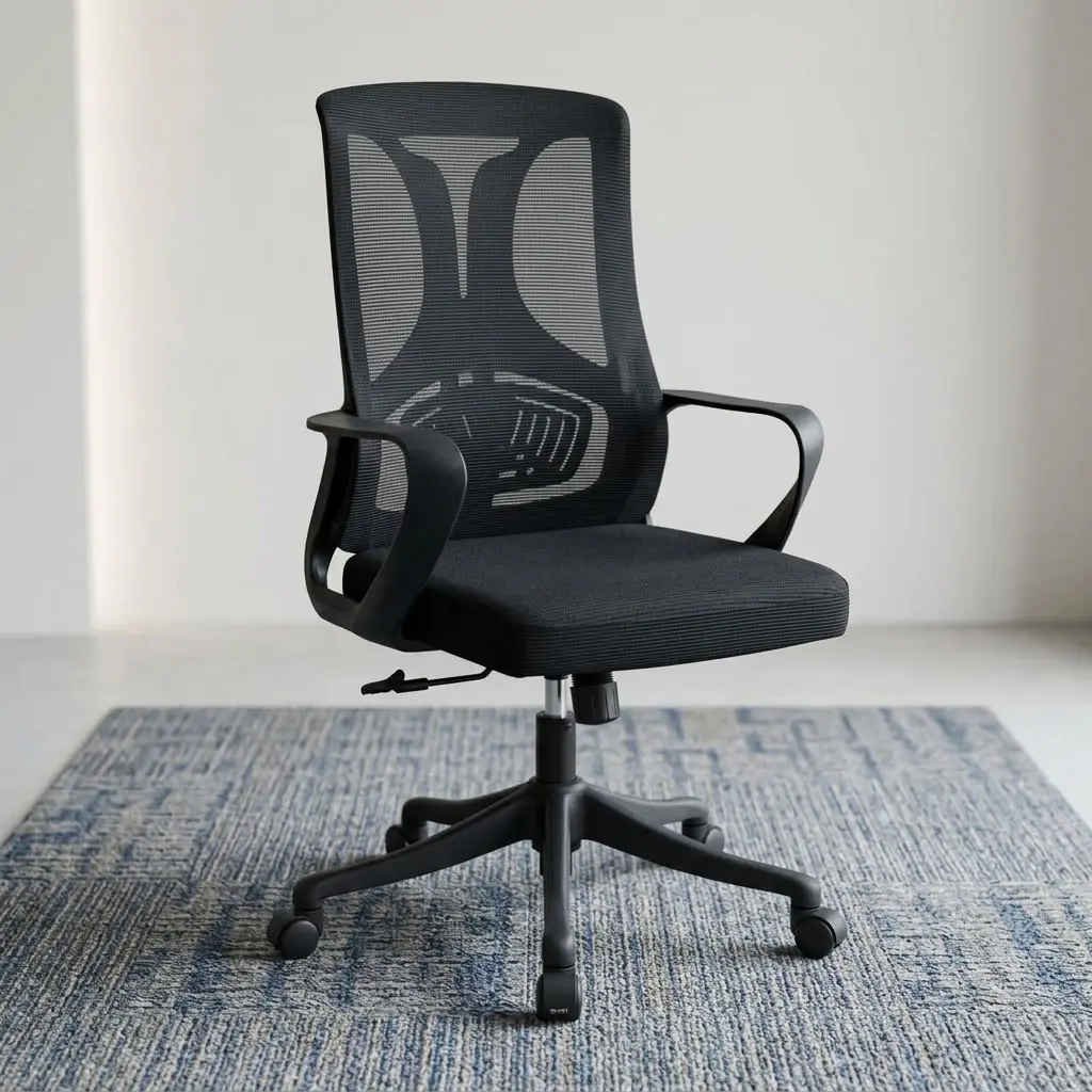 A premium Mid-Back Staff Chair featuring an ergonomic black mesh backrest, fixed black polymer loop armrests, a cushioned black seat, and a five-star rolling base.