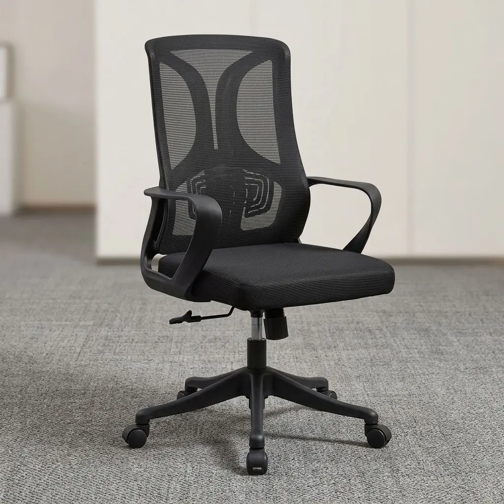 A premium Mid-Back Staff Chair featuring an ergonomic black mesh backrest, fixed black polymer loop armrests, a cushioned black seat, and a five-star rolling base.