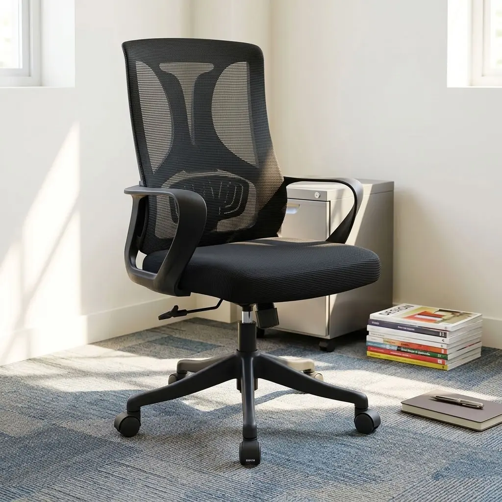 A premium Mid-Back Staff Chair featuring an ergonomic black mesh backrest, fixed black polymer loop armrests, a cushioned black seat, and a five-star rolling base.