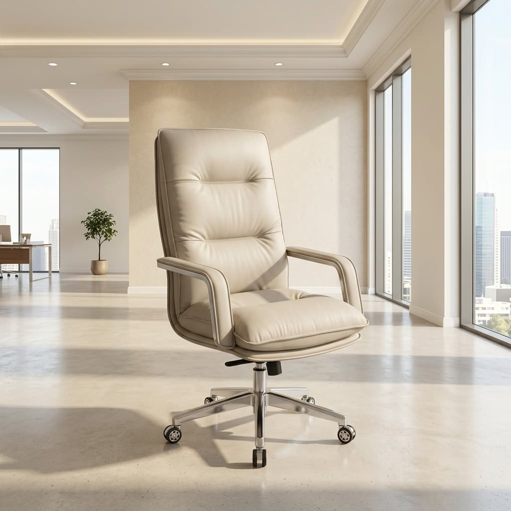 Oxy Cream Executive Chair with high back and polished metal base