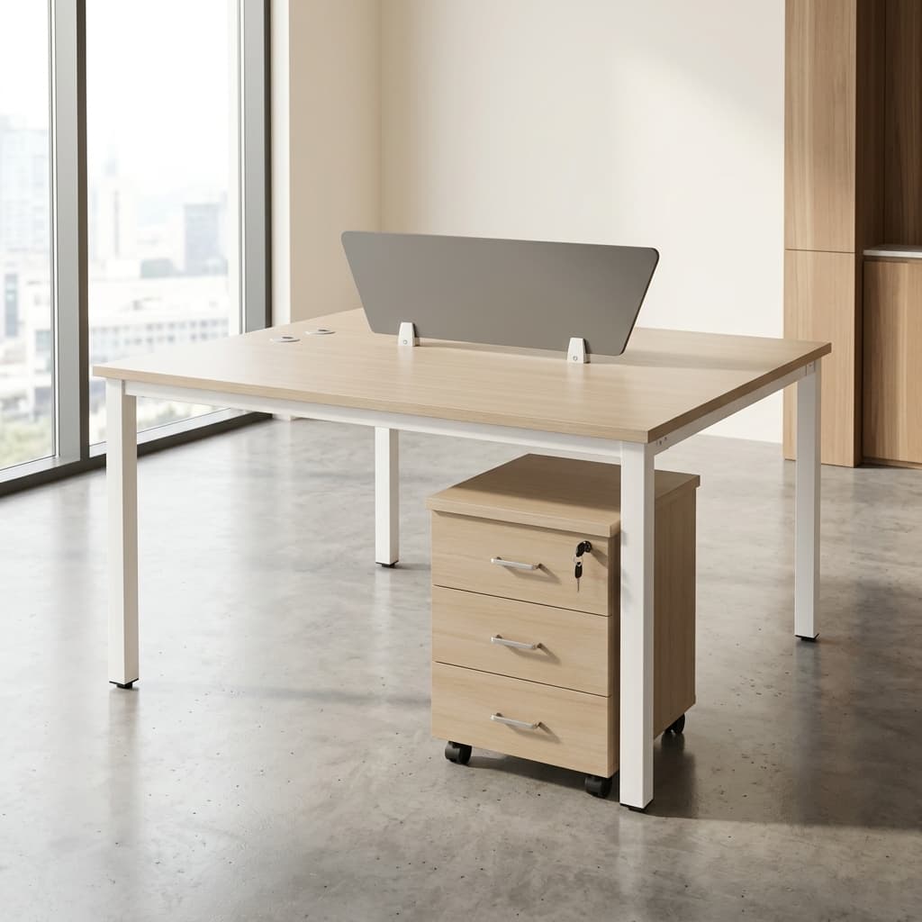 2-Way Open Workstation with privacy divider and mobile drawer pedestals