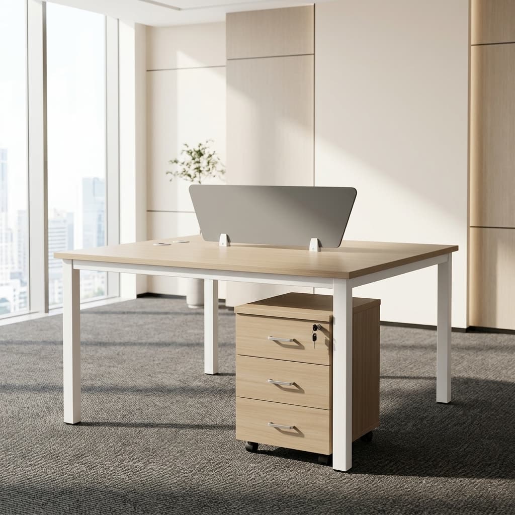 2-Way Open Workstation with privacy divider and mobile drawer pedestals