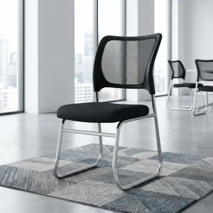 A premium Ergonomic Chair Without Arms featuring a black mesh backrest, a cushioned black seat, and a continuous polished chrome cantilever sled base.