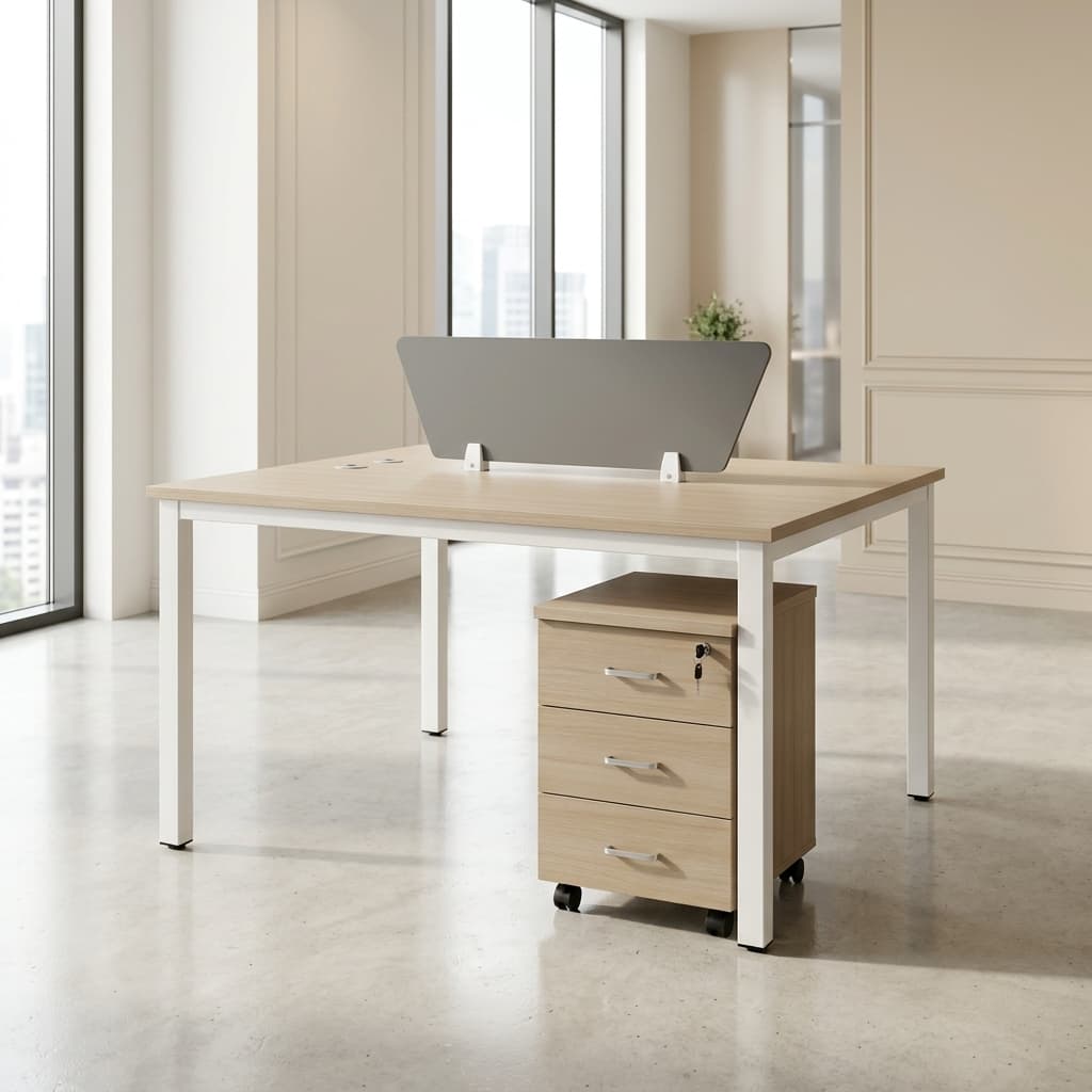 2-Way Open Workstation with privacy divider and mobile drawer pedestals