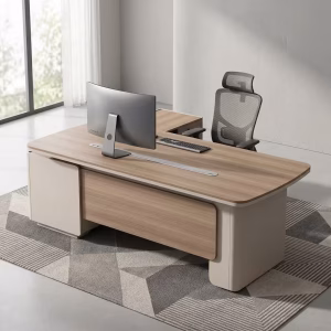 Premium L-shaped 2.2M Executive Minimalist Office Desk with natural oak floating top, integrated side storage return, and aluminum cable management track.