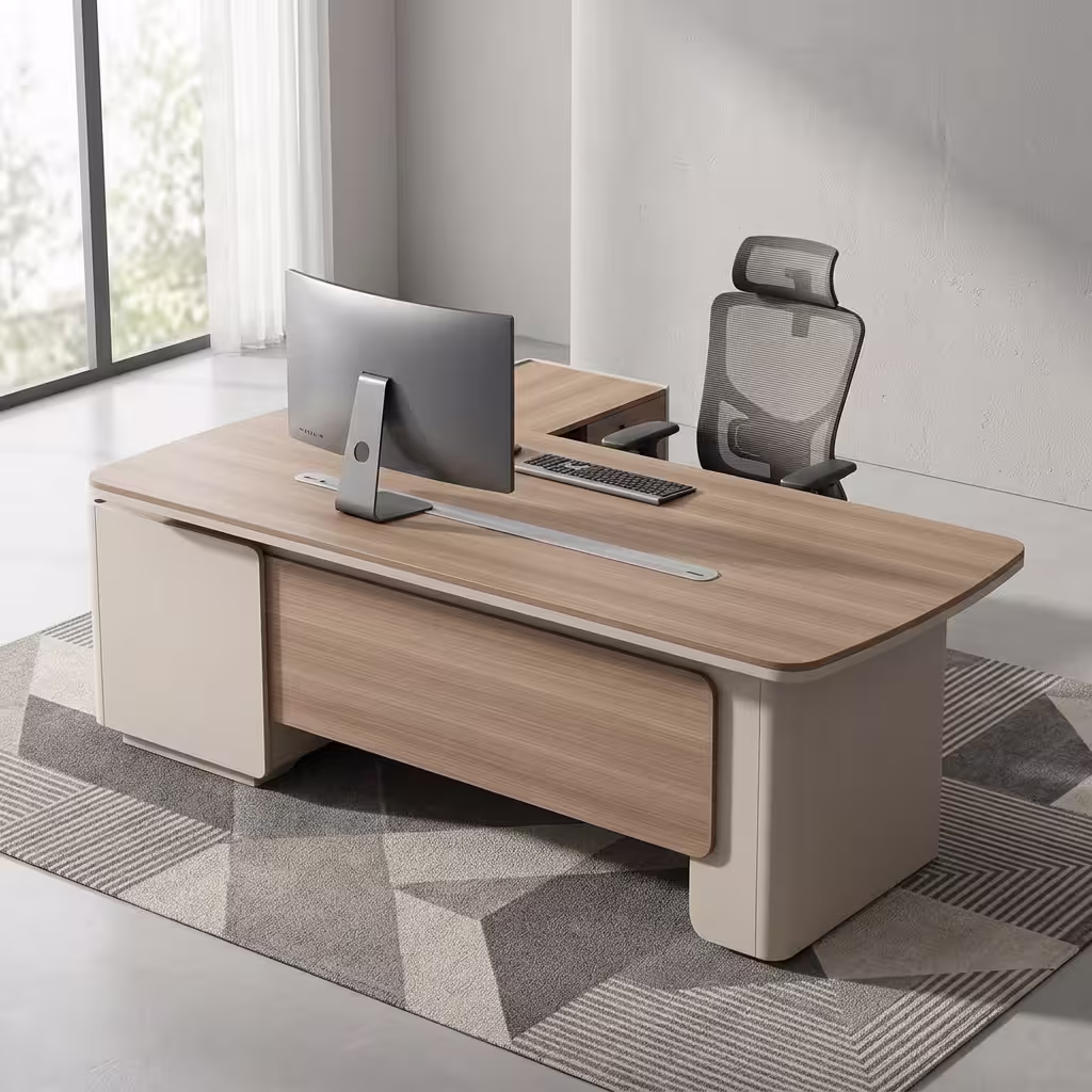 Premium L-shaped 2.2M Executive Minimalist Office Desk with natural oak floating top, integrated side storage return, and aluminum cable management track.
