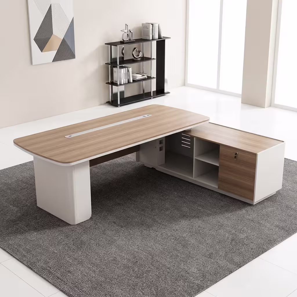 Premium L-shaped 2.2M Executive Minimalist Office Desk with natural oak floating top, integrated side storage return, and aluminum cable management track.