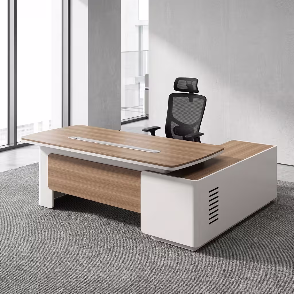 Premium L-shaped 2.2M Executive Minimalist Office Desk with natural oak floating top, integrated side storage return, and aluminum cable management track.