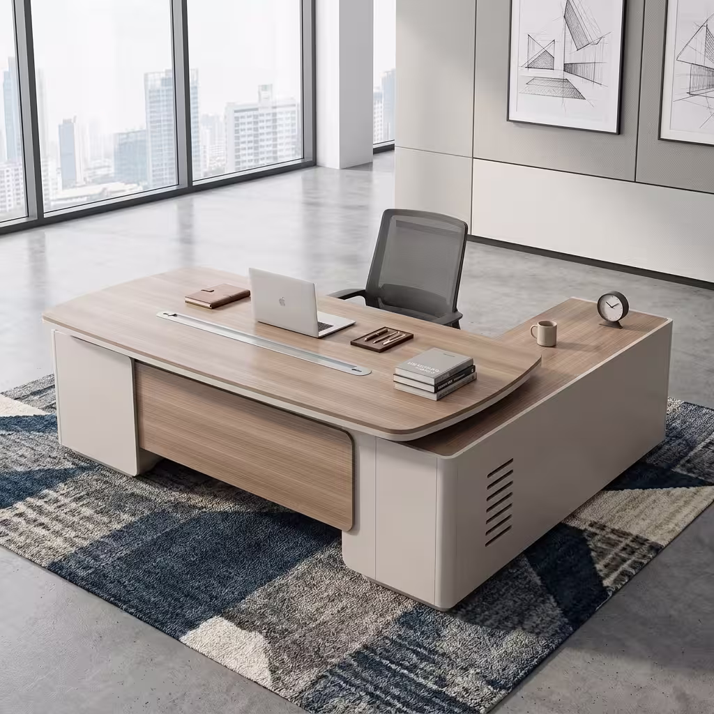 Premium L-shaped 2.2M Executive Minimalist Office Desk with natural oak floating top, integrated side storage return, and aluminum cable management track.