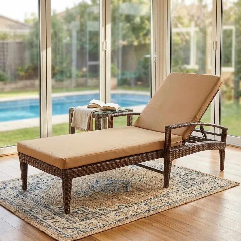 Rattan Poolside Sun Lounger with dark woven frame, full-length beige cushion, raised backrest and armrests for hotel and resort pool areas.