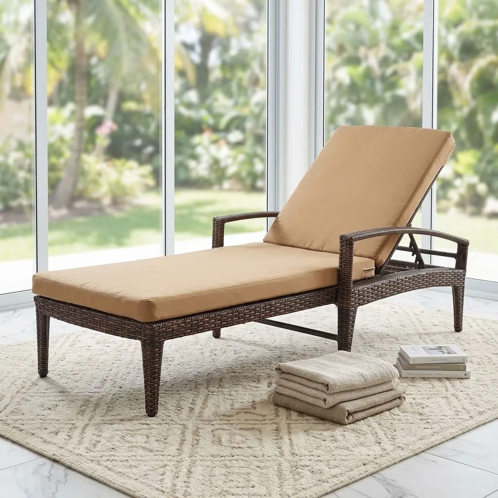 Rattan Poolside Sun Lounger with dark woven frame, full-length beige cushion, raised backrest and armrests for hotel and resort pool areas.