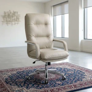 A premium Oxy Cream Executive Chair showcasing a high-back design with segmented cream leatherette padding, matching padded armrests, and an adjustable polished chrome five-star rolling base.