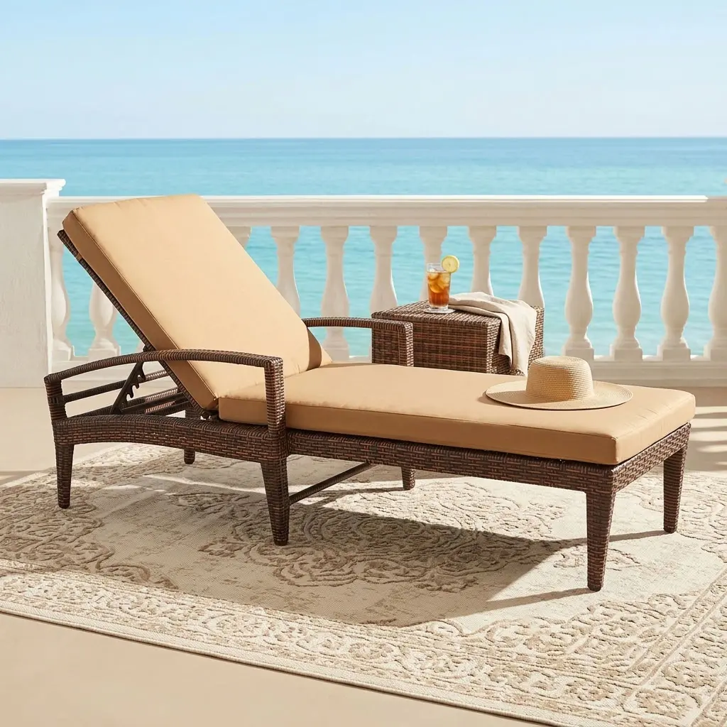 Rattan Poolside Sun Lounger with dark woven frame, full-length beige cushion, raised backrest and armrests for hotel and resort pool areas.