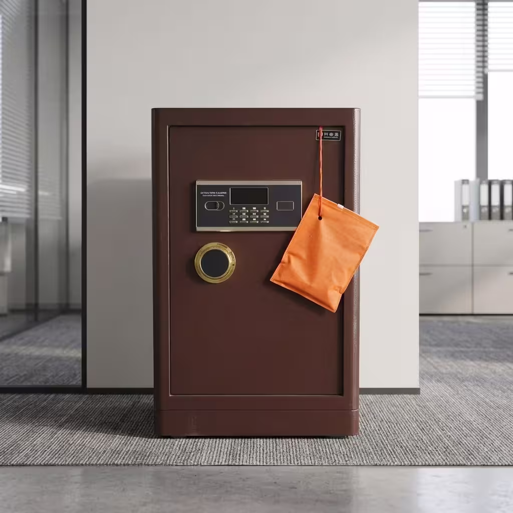 A premium 70KG Digital Office Safe with a dark bronze steel finish, showcasing its illuminated digital keypad with gold trim, a robust turn handle, a plush diamond-quilted gold interior layout with an adjustable shelf, four thick cylindrical chrome locking bolts, and an independent upper storage vault compartment.