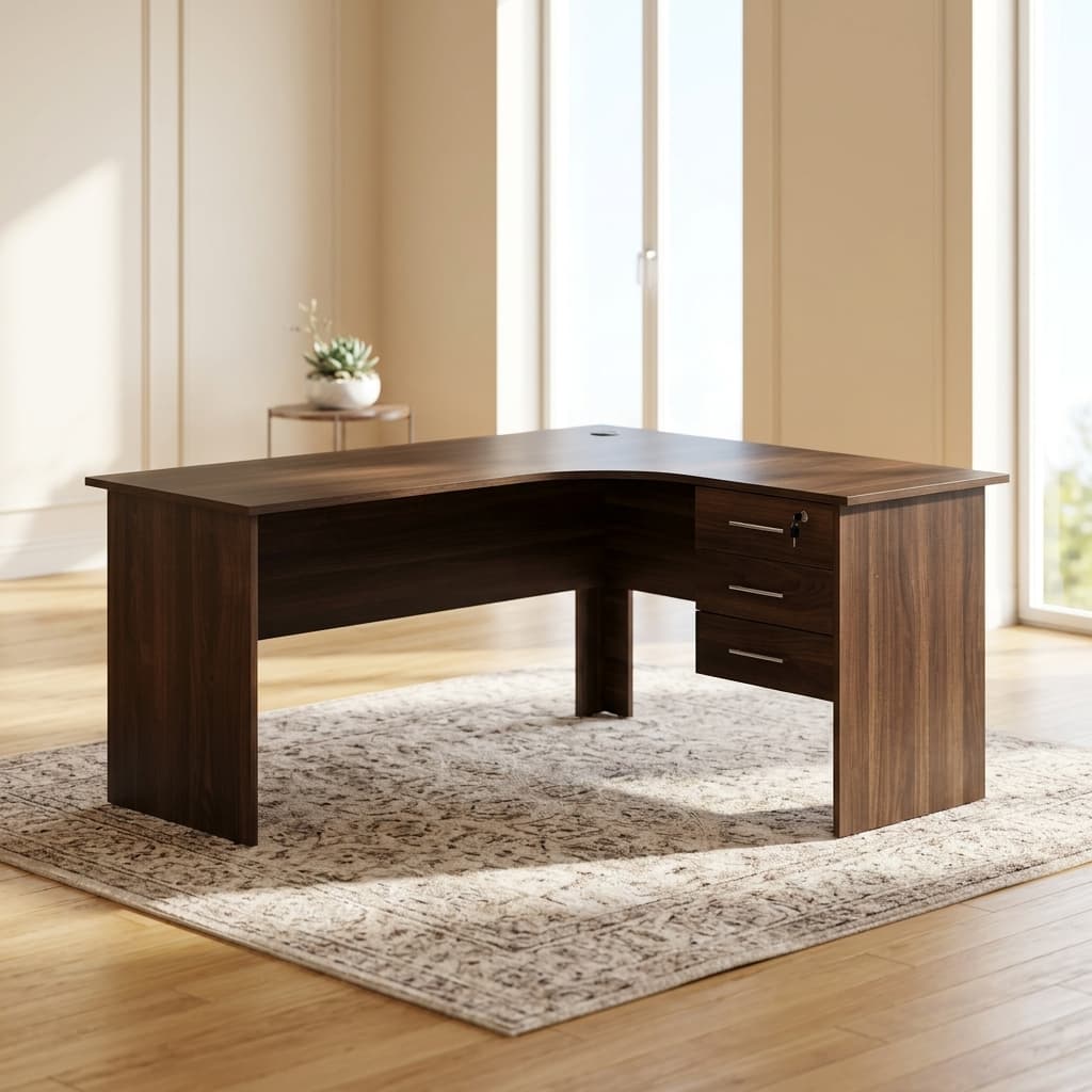 1.5M L-shaped office desk with three drawers and dark wood finish