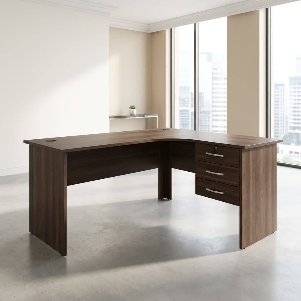 1.5M L-shaped office desk with three drawers and dark wood finish