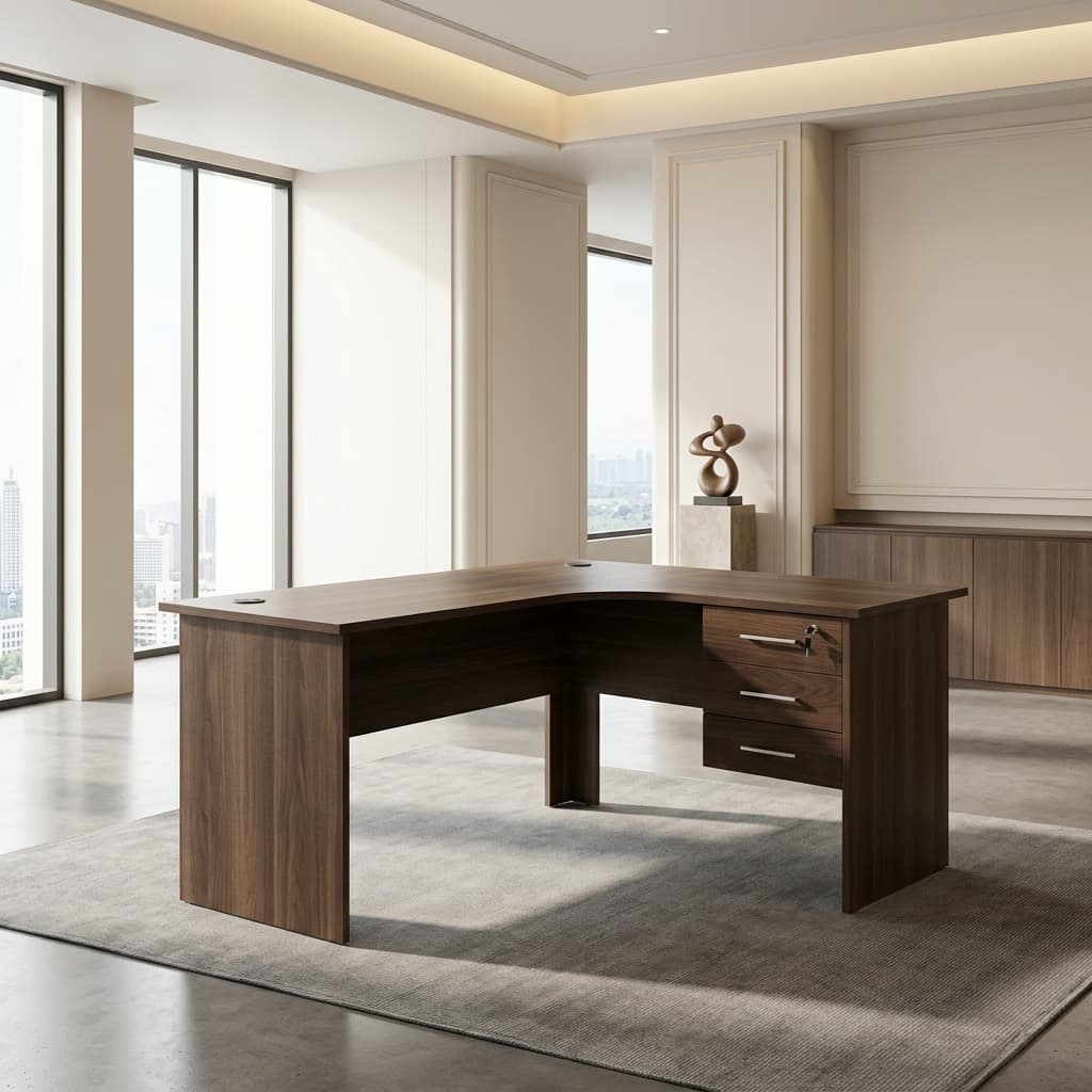 1.5M L-shaped office desk with three drawers and dark wood finish