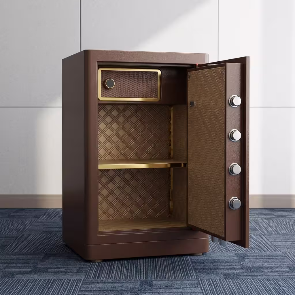 A premium 70KG Digital Office Safe with a dark bronze steel finish, showcasing its illuminated digital keypad with gold trim, a robust turn handle, a plush diamond-quilted gold interior layout with an adjustable shelf, four thick cylindrical chrome locking bolts, and an independent upper storage vault compartment.