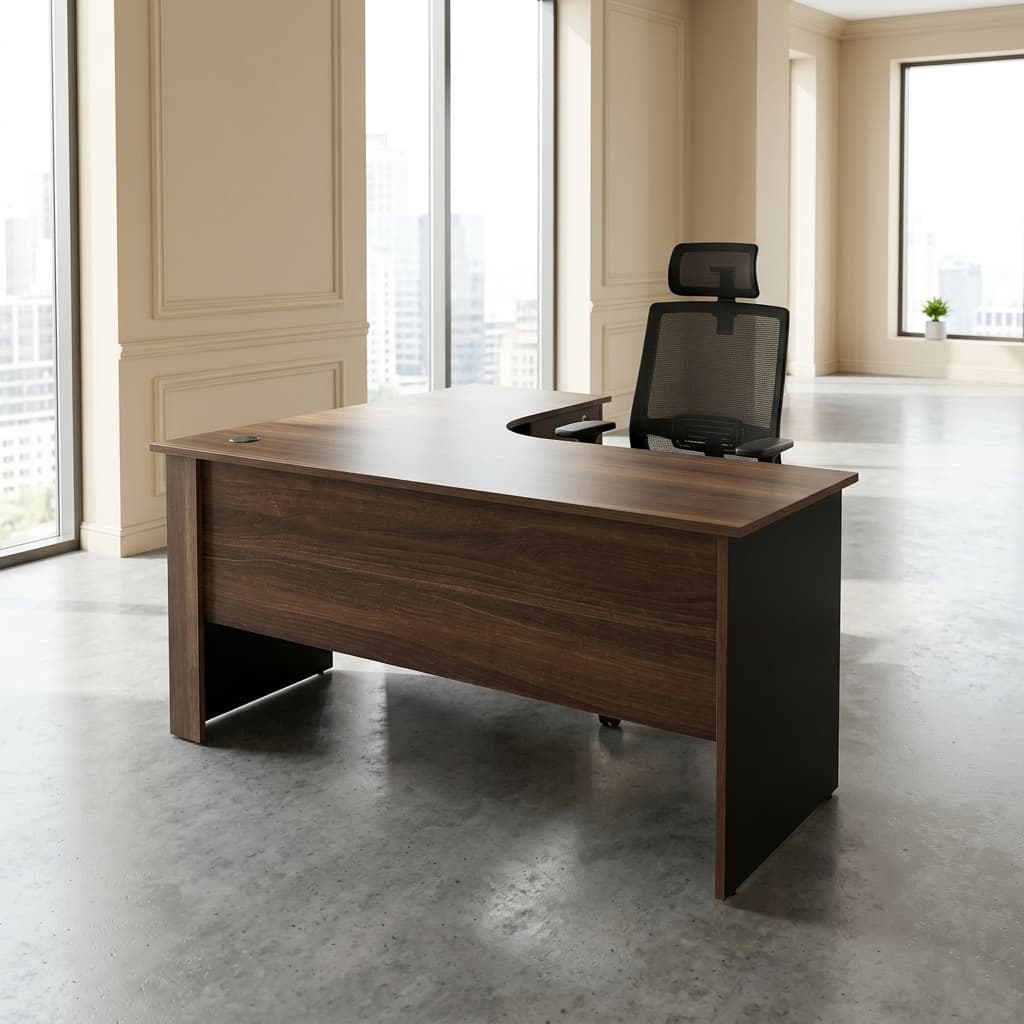 1.5M L-shaped office desk with three drawers and dark wood finish