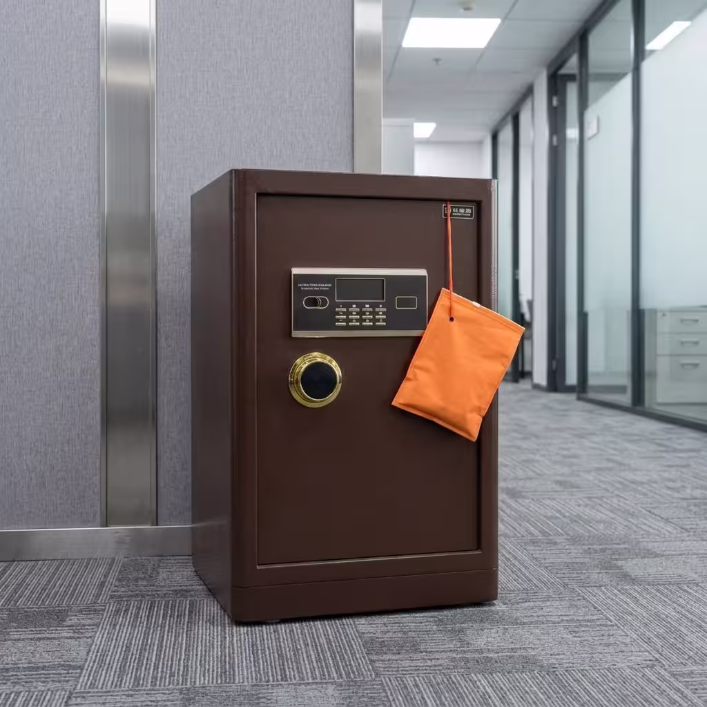 A premium 70KG Digital Office Safe with a dark bronze steel finish, showcasing its illuminated digital keypad with gold trim, a robust turn handle, a plush diamond-quilted gold interior layout with an adjustable shelf, four thick cylindrical chrome locking bolts, and an independent upper storage vault compartment.