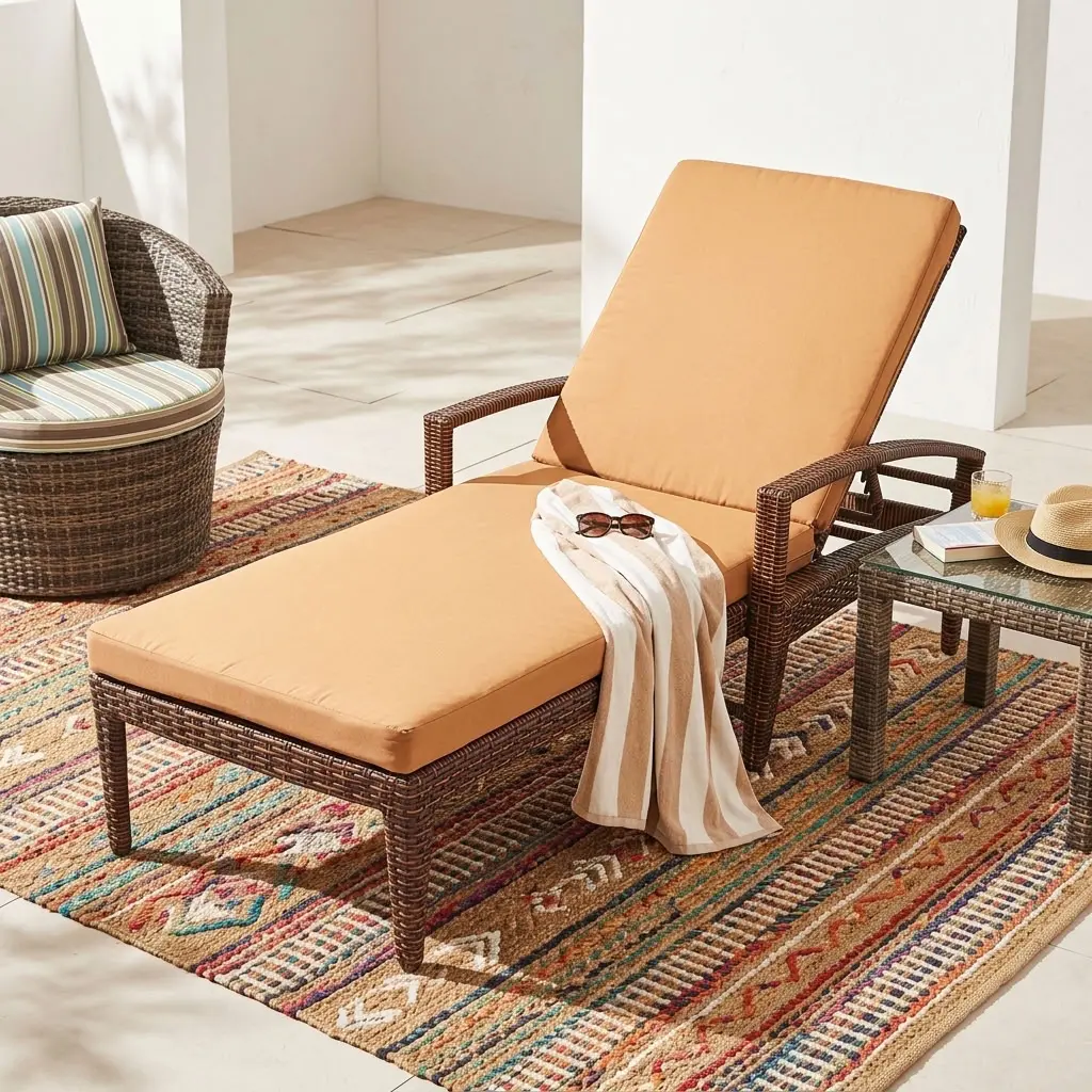 Rattan Poolside Sun Lounger with dark woven frame, full-length beige cushion, raised backrest and armrests for hotel and resort pool areas.