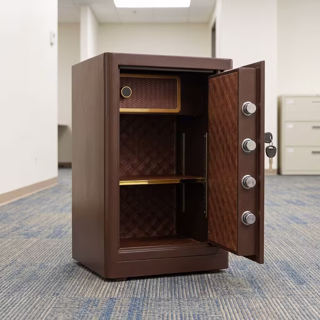 A premium 70KG Digital Office Safe with a dark bronze steel finish, showcasing its illuminated digital keypad with gold trim, a robust turn handle, a plush diamond-quilted gold interior layout with an adjustable shelf, four thick cylindrical chrome locking bolts, and an independent upper storage vault compartment.