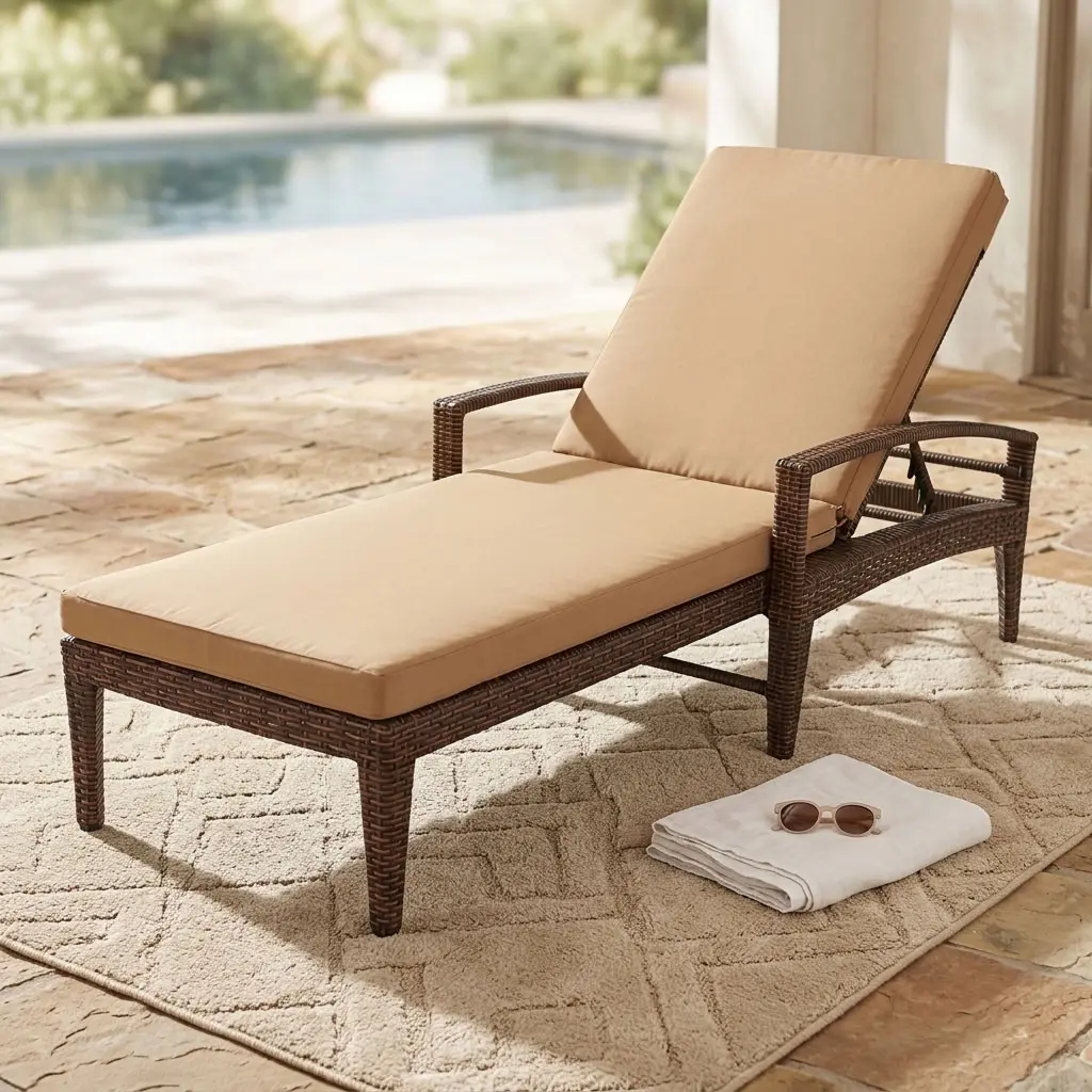 Rattan Poolside Sun Lounger with dark woven frame, full-length beige cushion, raised backrest and armrests for hotel and resort pool areas.