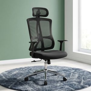 Black Executive Task Chair with high-back mesh, headrest, padded seat, and fixed armrests