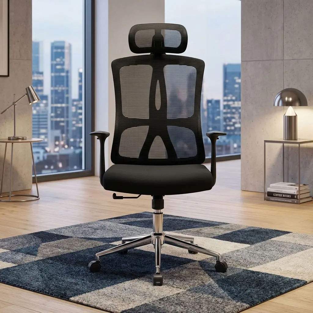Black Executive Task Chair with high-back mesh, headrest, padded seat, and fixed armrests