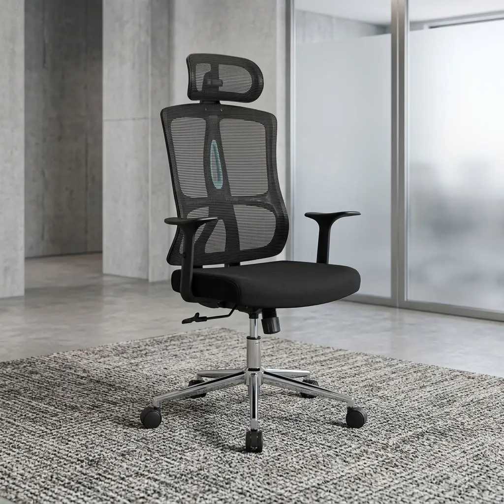 Black Executive Task Chair with high-back mesh, headrest, padded seat, and fixed armrests
