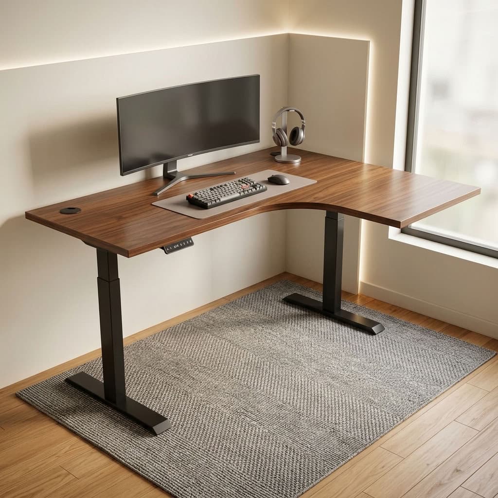 Electric L-Shaped Standing Desk 1.4m × 1.2m with height-adjustable frame and spacious office workspace