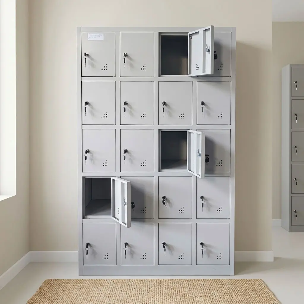 A premium 24-Door Staff Locker Cabinet featuring an industrial gray metal body with twenty-four lockable square compartments, showcasing three open doors.