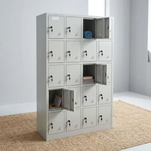 A premium 24-Door Staff Locker Cabinet featuring an industrial gray metal body with twenty-four lockable square compartments, showcasing three open doors.