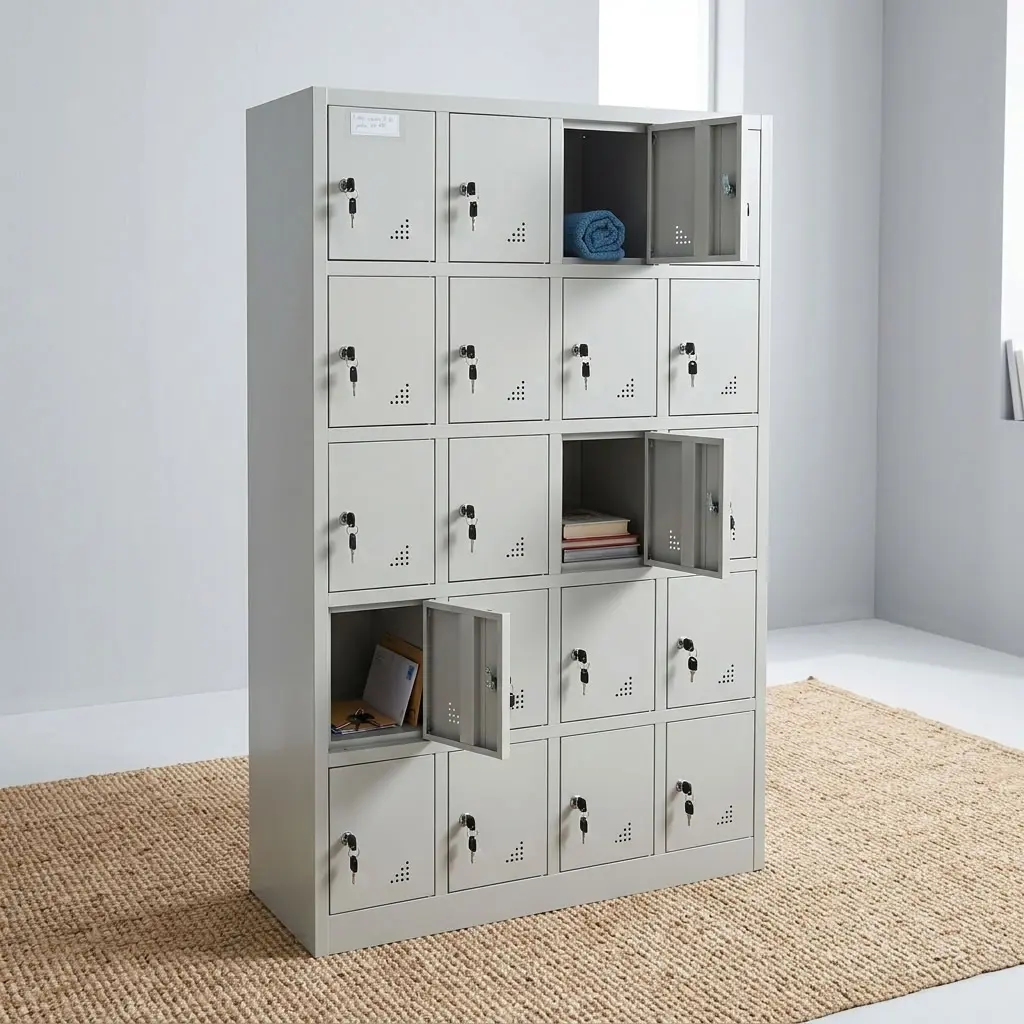 A premium 24-Door Staff Locker Cabinet featuring an industrial gray metal body with twenty-four lockable square compartments, showcasing three open doors.