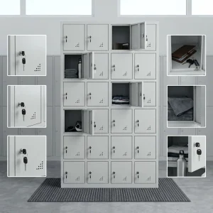 A premium 24-Door Staff Locker Cabinet featuring an industrial gray metal body with twenty-four lockable square compartments, showcasing three open doors.
