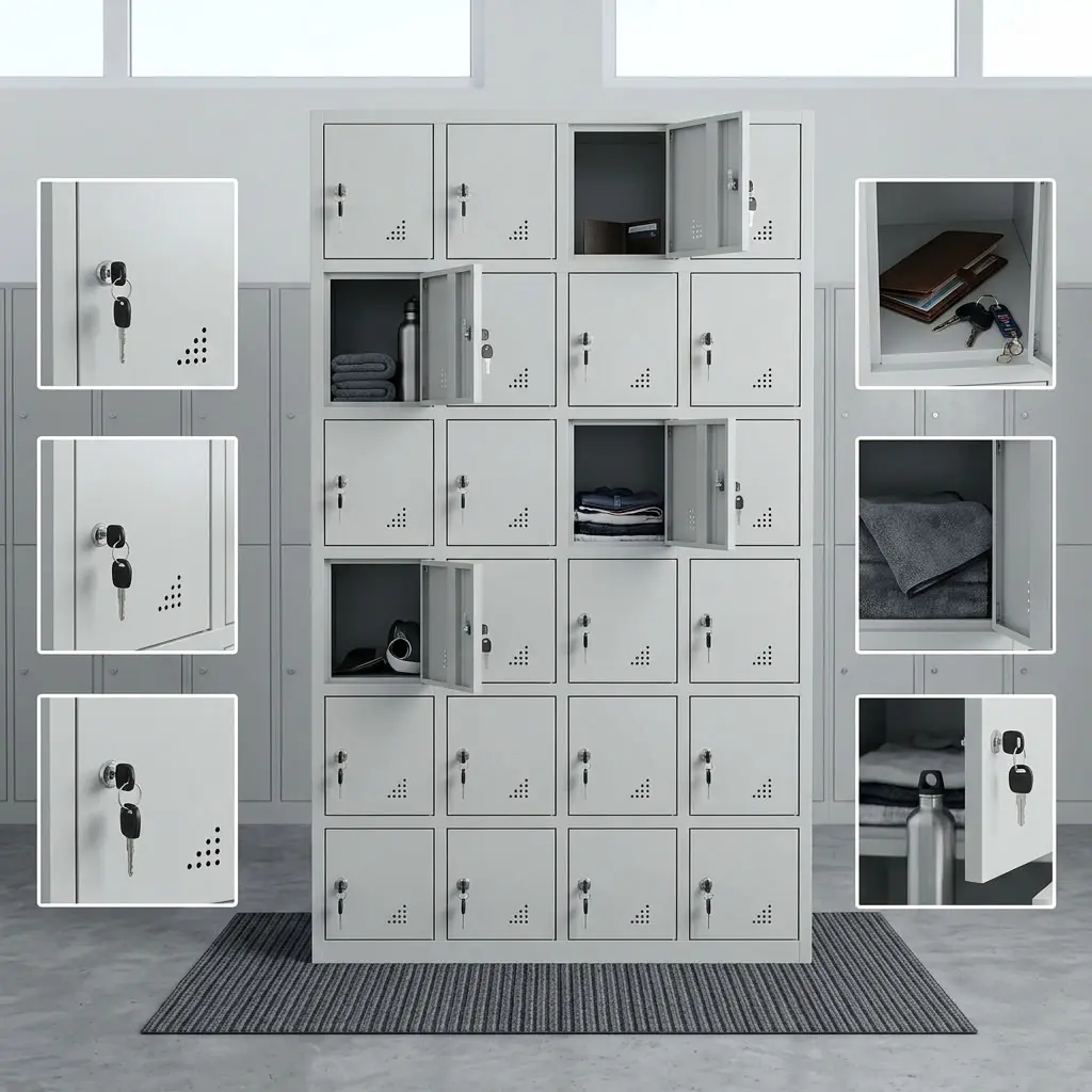 A premium 24-Door Staff Locker Cabinet featuring an industrial gray metal body with twenty-four lockable square compartments, showcasing three open doors.